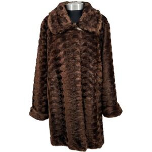 Vintage Dennis Basso Brown Faux Fur Coat Lapel Collar Button Front Womens size M